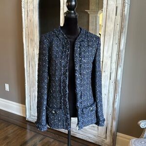 Chanel classic navy metallic tweed blazer jacket zip up coat sz 36 with hanger